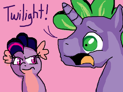 Size: 520x390 | Tagged: safe, artist:thresha8, spike, twilight sparkle, g4, doodle or die, ponified spike, simple background, sketch, species swap