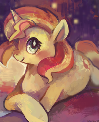 Size: 881x1090 | Tagged: safe, artist:cherivinca, sunset shimmer, pony, unicorn, g4, female, prone, solo