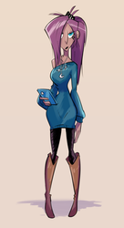Size: 1041x1920 | Tagged: safe, artist:herny, princess luna, human, luna-afterdark, g4, boots, clothes, female, hair over one eye, humanized, leggings, ponytail, scrunchie, skinny, solo, sweater, thin
