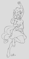 Size: 777x1565 | Tagged: safe, artist:hobbsmeerkat, pinkie pie, anthro, unguligrade anthro, g4, belly button, clothes, eyes closed, female, grayscale, midriff, monochrome, shirt, skirt, solo