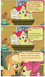 Size: 608x1035 | Tagged: safe, edit, edited screencap, screencap, apple bloom, applejack, babs seed, earth pony, pony, g4, comic, female, filly, foal, implied applecest, implied incest, implied shipping, mare, marriage, screencap comic, shipping, wedding, wedding invitation
