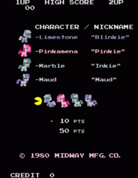 Size: 672x864 | Tagged: safe, artist:anonycat, edit, limestone pie, marble pie, maud pie, pinkie pie, earth pony, pony, g4, black background, female, filly, frown, pac-man, pie sisters, pinkamena diane pie, pun, sad, siblings, simple background, sisters, smiling, text, trotting