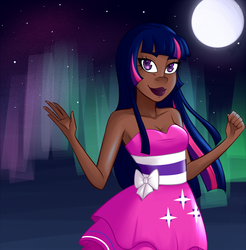 Size: 900x914 | Tagged: safe, artist:emberfan11, twilight sparkle, equestria girls, g4, armpits, aurora borealis, bare shoulders, clothes, dark skin, fall formal outfits, female, humanized, moon, night, sleeveless, solo, stars, strapless