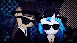 Size: 1920x1080 | Tagged: safe, artist:gen-jack-oneill, artist:justaninnocentpony, dj pon-3, octavia melody, vinyl scratch, earth pony, pony, unicorn, g4, background pony, blues brothers, clothes, crossover, duo, duo female, female, frown, hat, sunglasses, wallpaper