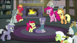 Size: 718x404 | Tagged: safe, screencap, apple bloom, applejack, big macintosh, cloudy quartz, granny smith, igneous rock pie, limestone pie, marble pie, maud pie, pinkie pie, earth pony, pony, g4, hearthbreakers, animated, butt, female, filly, fire, fireplace, male, mare, pie family, pie sisters, plot, raised hoof, ship:quartzrock, shipping fuel, siblings, sisters, sitting, smiling, stallion, talking, walking