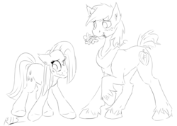 Size: 1280x909 | Tagged: safe, artist:drizziedoodles, big macintosh, marble pie, earth pony, pony, g4, hearthbreakers, black and white, blushing, flower, grayscale, male, monochrome, ship:marblemac, shipping, shy, stallion, straight