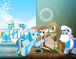 Size: 4141x3238 | Tagged: safe, artist:lars99, fluttershy, rainbow dash, spitfire, g4, caroline, cave johnson, contract, dr. light, goggles, high res, looking back, mega man (series), open mouth, ponified, portal (valve), portal 2, raised hoof, replaced, sad, signature, table, talking, this will end in tears, wonderbolts uniform, wondershy