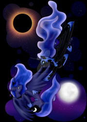 Size: 1024x1434 | Tagged: safe, artist:stormdrake0100, part of a set, nightmare moon, princess luna, alicorn, pony, g4, crying, duality, eclipse, envy, ethereal mane, evil smile, falling, female, flowing mane, grin, hoof shoes, jealous, looking at each other, mare, moon, sin of envy, smiling, watermark