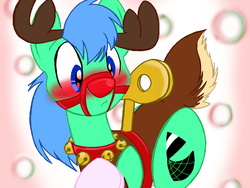 Size: 1280x960 | Tagged: safe, artist:naivintage, oc, oc only, oc:spearmint, deer, pony, reindeer, antlers, blushing, bridle, clothes, collar, cosplay, costume, harness, jingle bells, leotard, red nose, rudolph the red nosed reindeer, socks, solo, wind up key
