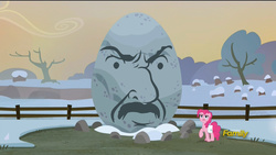 Size: 1920x1080 | Tagged: safe, edit, edited screencap, screencap, pinkie pie, earth pony, pony, hearthbreakers, aqua teen hunger force, boulder, carl brutananadilewski, discovery family logo, female, fence, frown, holder's boulder, holder's new boulder meme, mare, meme, open mouth, raised hoof, saddle bag, snow, solo, tree, winter
