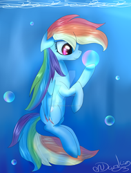 Size: 1024x1347 | Tagged: safe, artist:rubyblossomva, rainbow dash, g4, bubble, female, solo, underwater, watermark