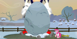 Size: 996x507 | Tagged: safe, edit, edited screencap, screencap, pinkie pie, earth pony, pony, g4, hearthbreakers, boulder, crossover, discovery family logo, female, fence, holder's boulder, holder's new boulder meme, male, mare, raised hoof, saddle bag, snow, solo, sonic adventure, sonic the hedgehog, sonic the hedgehog (series), tree, winter