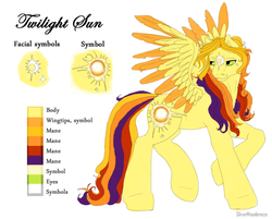 Size: 670x540 | Tagged: safe, artist:silvermoonbreeze, oc, oc only, oc:twilight sun, pegasus, pony, color palette, colored wings, colored wingtips, cutie mark, female, lidded eyes, looking back, mare, palette, reference sheet, simple background, solo, spread wings, turned head, white background, wings