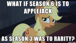 Size: 610x343 | Tagged: safe, applejack, g4, season 3, season 6, image macro, meme, op is a duck, op is trying to start shit