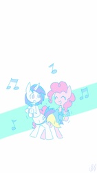 Size: 720x1280 | Tagged: safe, artist:grim ponka, dj pon-3, pinkie pie, vinyl scratch, pony, g4, bipedal, butt bump, butt to butt, butt touch, colored, dancing, duo, fun, music notes, phone wallpaper, simple background, smiling, standing