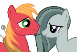 Size: 450x300 | Tagged: safe, artist:tiredbrony, big macintosh, marble pie, earth pony, pony, g4, hearthbreakers, animated, blushing, boop, cute, eye contact, eyes closed, female, keyframes only, looking away, macabetes, male, marblebetes, mare, noseboop, nuzzling, ship:marblemac, shipping, shy, simple background, smiling, stallion, straight, transparent background