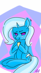 Size: 720x1280 | Tagged: safe, artist:grim ponka, trixie, pony, unicorn, g4, annoyed, blushing, cargo ship, colored, crack shipping, cutie mark, eating, embarrassed, female, glare, mare, peanut butter crackers, shipping, sitting, solo