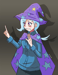 Size: 723x935 | Tagged: safe, artist:blurred-cat, trixie, human, g4, blushing, cape, clothes, female, humanized, nervous, pointing, solo, trixie's hat