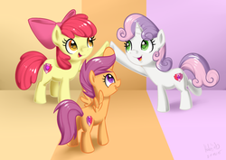Size: 1209x855 | Tagged: safe, artist:habijob, apple bloom, scootaloo, sweetie belle, earth pony, pegasus, pony, unicorn, crusaders of the lost mark, g4, cutie mark, cutie mark crusaders, female, filly, hoofbump, the cmc's cutie marks
