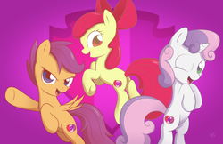 Size: 1024x663 | Tagged: safe, artist:sycotei-b, apple bloom, scootaloo, sweetie belle, earth pony, pegasus, pony, unicorn, crusaders of the lost mark, g4, apple bloom's bow, bow, butt, cutie mark, cutie mark crusaders, female, filly, foal, hair bow, it happened, looking at you, one eye closed, open mouth, plot, raised hoof, signature, spread wings, the cmc's cutie marks, wings, wink