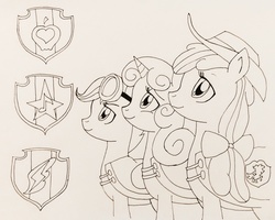 Size: 2780x2226 | Tagged: safe, artist:lunaroz, apple bloom, scootaloo, sweetie belle, crusaders of the lost mark, g4, cutie mark, cutie mark crusaders, goggles, hat, high res, monochrome, older, the cmc's cutie marks, traditional art