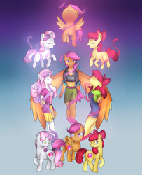 Size: 2600x3200 | Tagged: safe, artist:mutant-girl013, apple bloom, scootaloo, sweetie belle, pegasus, unicorn, crusaders of the lost mark, equestria girls, g4, clothes, cutie mark, cutie mark crusaders, gradient background, high res, large wings, midriff, ponied up, skirt, sports bra, the cmc's cutie marks