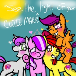 Size: 2048x2048 | Tagged: safe, artist:artmama113, apple bloom, diamond tiara, scootaloo, sweetie belle, earth pony, pegasus, pony, unicorn, crusaders of the lost mark, g4, crying, cutie mark, cutie mark crusaders, female, filly, heart, high res, the cmc's cutie marks, tiaralove