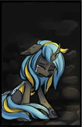 Size: 695x1073 | Tagged: safe, artist:starshinebeast, oc, oc only, oc:echo, changeling, blue changeling, changeling oc, crying, cute, cuteling, double colored changeling, female, prison, sad, sadorable, solo, yellow changeling