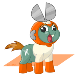Size: 1024x1024 | Tagged: safe, artist:selkra, snips, pony, g4, colt, crossover, cut man, derp, male, mega man (series), missing horn, no more ponies at source, solo