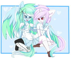 Size: 2337x1914 | Tagged: safe, artist:teranen, oc, oc only, oc:amaranthine sky, oc:reverie, anthro, colored pupils, female, lesbian