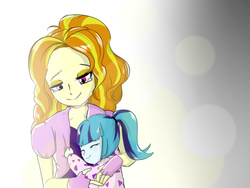 Size: 1024x768 | Tagged: safe, artist:amazingpuffhair, adagio dazzle, sonata dusk, equestria girls, g4, bust, clothes, crying, eyes closed, female, hug, mamadagio, pajamas, smiling, younger