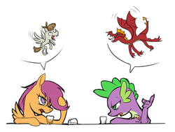 Size: 800x604 | Tagged: safe, artist:madhotaru, featherweight, garble, scootaloo, spike, dragon, pony, g4, alcohol, drunk, drunkaloo, drunker spike, female, filly, heartbreaking in hindsight, hilarious in hindsight, male, open mouth, scootaloo can't fly, simple background, spike can't fly, white background