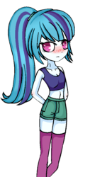 Size: 421x829 | Tagged: safe, artist:niightlydark, sonata dusk, equestria girls, g4, belly button, blushing, clothes, female, midriff, shorts, socks, solo, tank top, thigh highs, tsunata dusk, tsundere