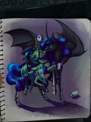 Size: 3120x4160 | Tagged: safe, artist:begasus, nightmare moon, queen chrysalis, alicorn, changeling, changeling queen, classical unicorn, pony, g4, bat wings, bedroom eyes, blushing, chinese, crying, curved horn, cute, cute little fangs, cutealis, detective conan, female, heart, horn, leonine tail, lesbian, licking, makeup, mare, moonabetes, prehensile mane, prehensile tail, realistic horse legs, ship:chrysmoon, shipping, tongue out