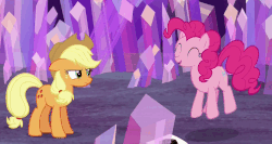 Size: 1420x757 | Tagged: safe, screencap, applejack, pinkie pie, g4, hearthbreakers, animated, female, gif, jumping, loop, pronking, unamused