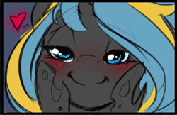 Size: 1071x693 | Tagged: safe, artist:starshinebeast, oc, oc only, oc:echo, changeling, bedroom eyes, blue changeling, changeling oc, close-up, cute, cuteling, female, longing, love, solo