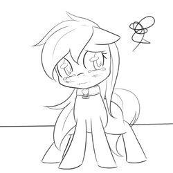Size: 1596x1595 | Tagged: safe, artist:randy, oc, oc only, oc:aryanne, earth pony, pony, black and white, collar, crying, disgruntled, female, grayscale, heart, indoors, monochrome, outline, pet, sitting, solo