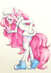 Size: 2039x2894 | Tagged: safe, artist:unousaya, pinkie pie, earth pony, semi-anthro, g4, arm hooves, candy, clothes, converse, female, hat, high res, lollipop, parka, shoes, socks, solo, thigh highs, tongue out