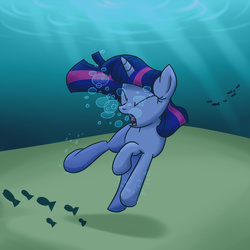 Size: 1500x1500 | Tagged: safe, artist:uwdr-64, twilight sparkle, fish, pony, unicorn, g4, asphyxiation, bubble, drowning, female, fetish, imminent death, mare, ocean, solo, swimming, underwater, unicorn twilight, water