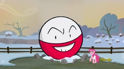 Size: 1277x714 | Tagged: safe, edit, edited screencap, screencap, pinkie pie, earth pony, electrode (pokémon), pony, g4, hearthbreakers, discovery family logo, female, fence, grin, holder's boulder, holder's new boulder meme, mare, pokémon, raised hoof, saddle bag, smiling, snow, this will end in death, this will end in explosions, tree, winter