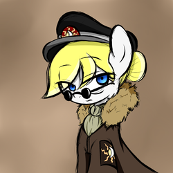 Size: 1500x1500 | Tagged: safe, artist:fullmetalpikmin, oc, oc only, earth pony, pony, armband, aryan pony, clothes, concept art, fanfic, female, glasses, hat, jacket, looking away, military, moon, scarf, solo, sun, upper body