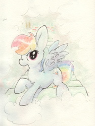 Size: 987x1315 | Tagged: safe, artist:slightlyshade, rainbow dash, pegasus, pony, g4, cloud, female, mare, solo, traditional art