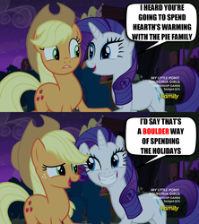 Size: 1280x1440 | Tagged: safe, edit, edited screencap, screencap, applejack, rarity, pony, unicorn, g4, hearthbreakers, made in manehattan, discovery family logo, duo, female, hearth's warming, joke, mare, meme, pun, rarity's bad pickup lines