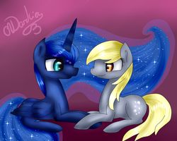 Size: 1024x819 | Tagged: safe, artist:rubyblossomva, derpy hooves, princess luna, pegasus, pony, g4, female, mare, prone