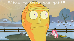 Size: 640x352 | Tagged: safe, edit, edited screencap, screencap, pinkie pie, earth pony, pony, g4, hearthbreakers, cromulons, discovery family logo, female, fence, get schwifty, holder's boulder, holder's new boulder meme, mare, raised hoof, rick and morty, saddle bag, snow, tree, winter