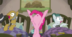 Size: 1901x982 | Tagged: safe, screencap, cloudy quartz, igneous rock pie, pinkie pie, g4, hearthbreakers, bed, bedroom, detailed, false teeth, married couple, scared, ship:quartzrock