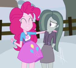 Size: 1024x910 | Tagged: dead source, safe, artist:angelitus01, marble pie, pinkie pie, equestria girls, g4, hearthbreakers, clothes, cute, cutie mark on clothes, duo, duo female, equestria girls interpretation, equestria girls-ified, eyes closed, female, fence, hair over one eye, marblebetes, pie sisters, pie twins, scene interpretation, show accurate, siblings, sisters, skirt, smiling, snow, twins, wristband