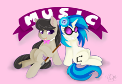 Size: 2777x1925 | Tagged: safe, artist:pillonchou, dj pon-3, octavia melody, vinyl scratch, g4, background pony, banner, bow (instrument), bowtie, cello bow, duo, heart eyes, music, open mouth, signature, simple background, smiling, sunglasses, wingding eyes
