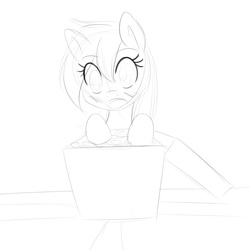 Size: 1650x1650 | Tagged: safe, oc, oc only, oc:aryanne, big eyes, black and white, blushing, box, grayscale, looking down, monochrome, open mouth, opening, sketch, solo, surprised, table