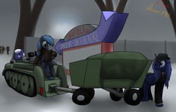 Size: 1280x815 | Tagged: safe, artist:the-furry-railfan, oc, oc only, oc:aerith, oc:night strike, oc:static charge, alicorn, earth pony, pegasus, pony, fallout equestria, fallout equestria: empty quiver, annoyed, cannon, clothes, drive-in theatre, half-track, outdoors, overcast, sky, snow, sparkle cola, storm, story, suit, trailer, unamused